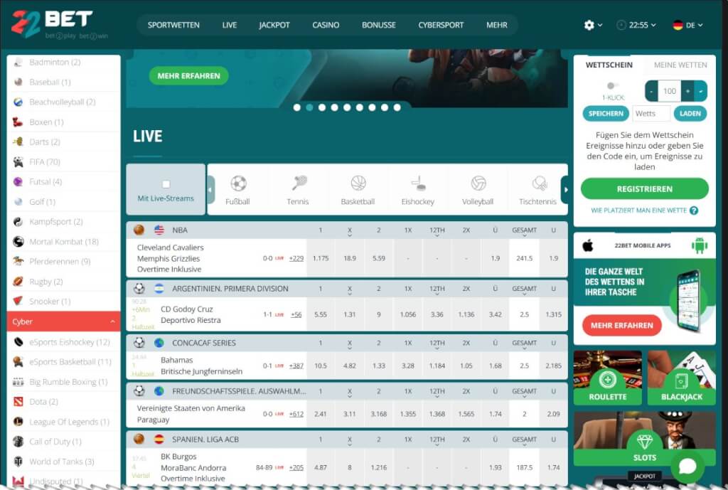 22bet Homepage Screenshot