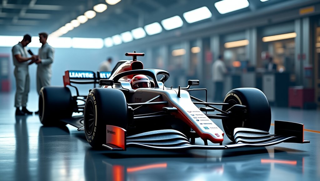 futuristischer-formel1-rennwagon-2026-hightech-werkstatt-hybrid-antrieb-nachhaltig