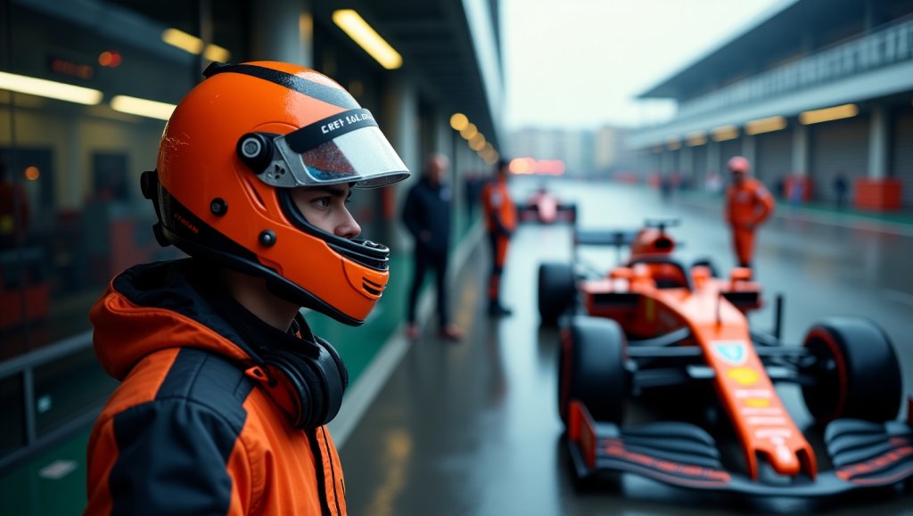 formel1-fahrer-papaya-oranger-rennanzug-reue-boxengasse-kollision-monitor-regen
