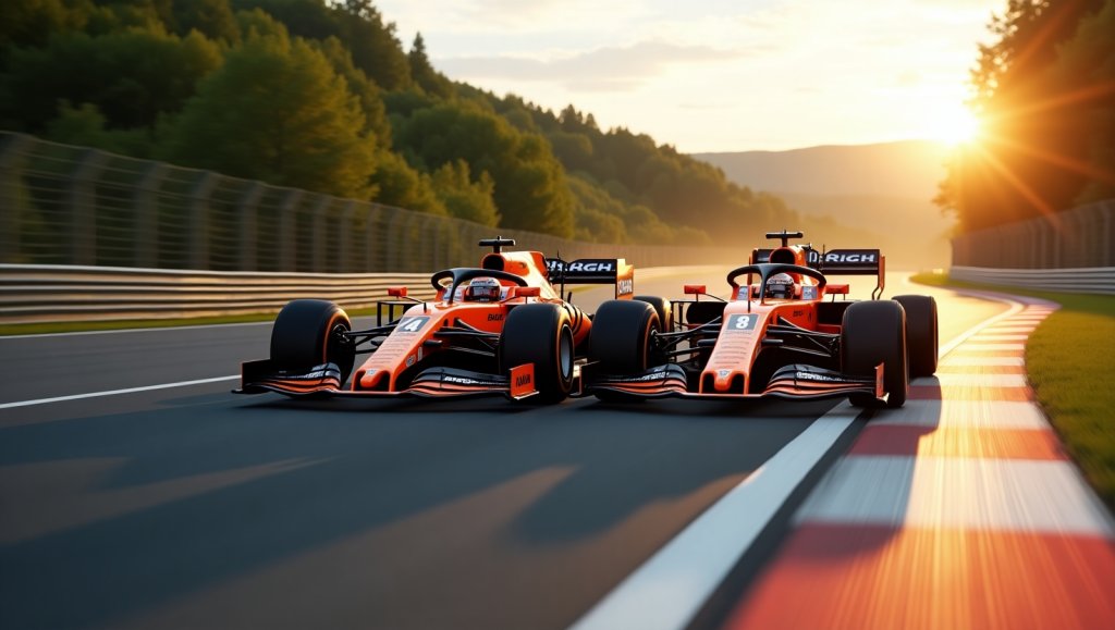 formel1-papaya-orange-4-81-rad-an-rad-kurve-gruene-huegel-spaetnachmittag