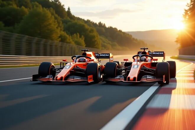 formel1-papaya-orange-4-81-rad-an-rad-kurve-gruene-huegel-spaetnachmittag