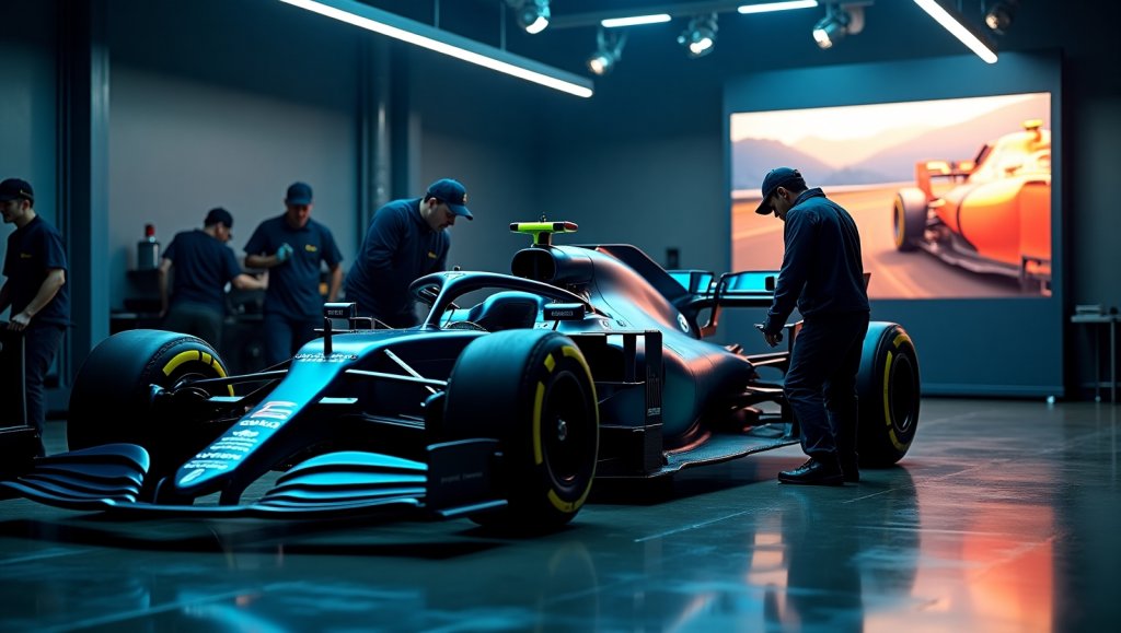 formel1-rennwagen-nacht-boxengarage-aerodynamik-carbon-teile-team-spotlights