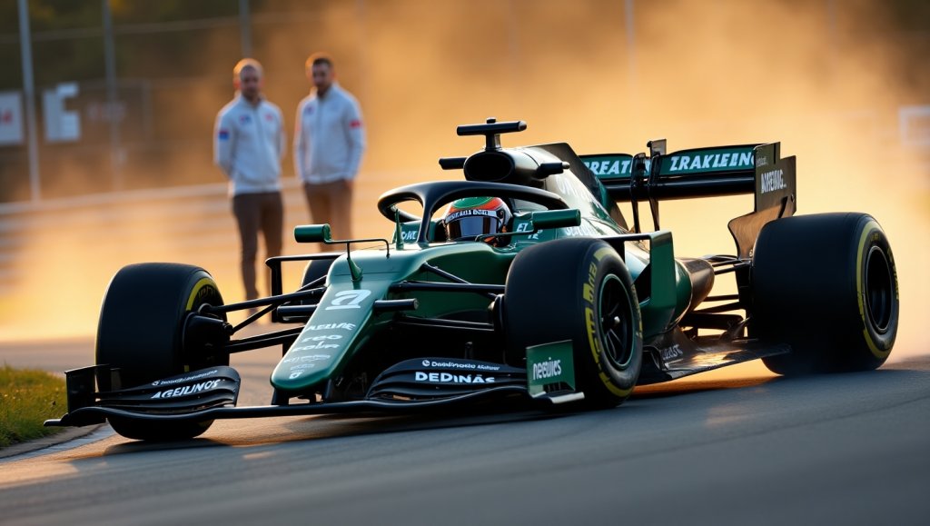 formel1-ueberholmanoever-gruen-anthrazit-sonnenuntergang-funken