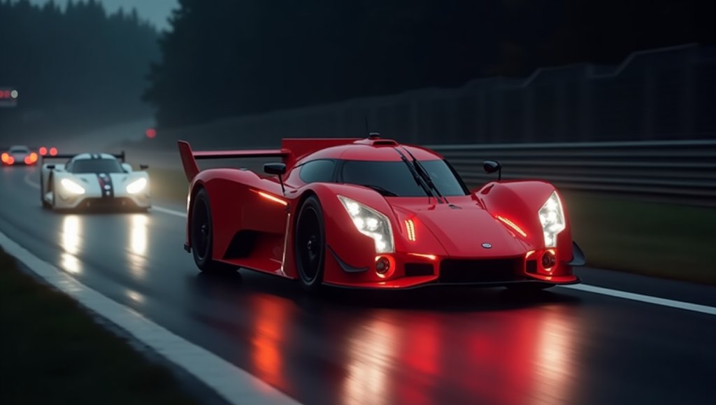 hyperrealistisches-rotes-hypercar-le-mans-nacht-speed-schall